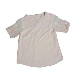 Kaii cream crepe blouse with floral embroidered sheer sleeves small